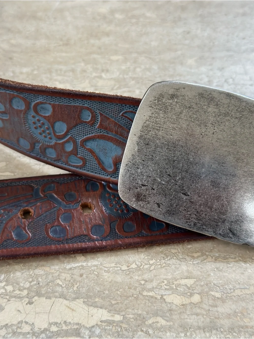 Hand-Tooled Blue Brown Leather Belt with Distressed Silver Buckle Western 34-38